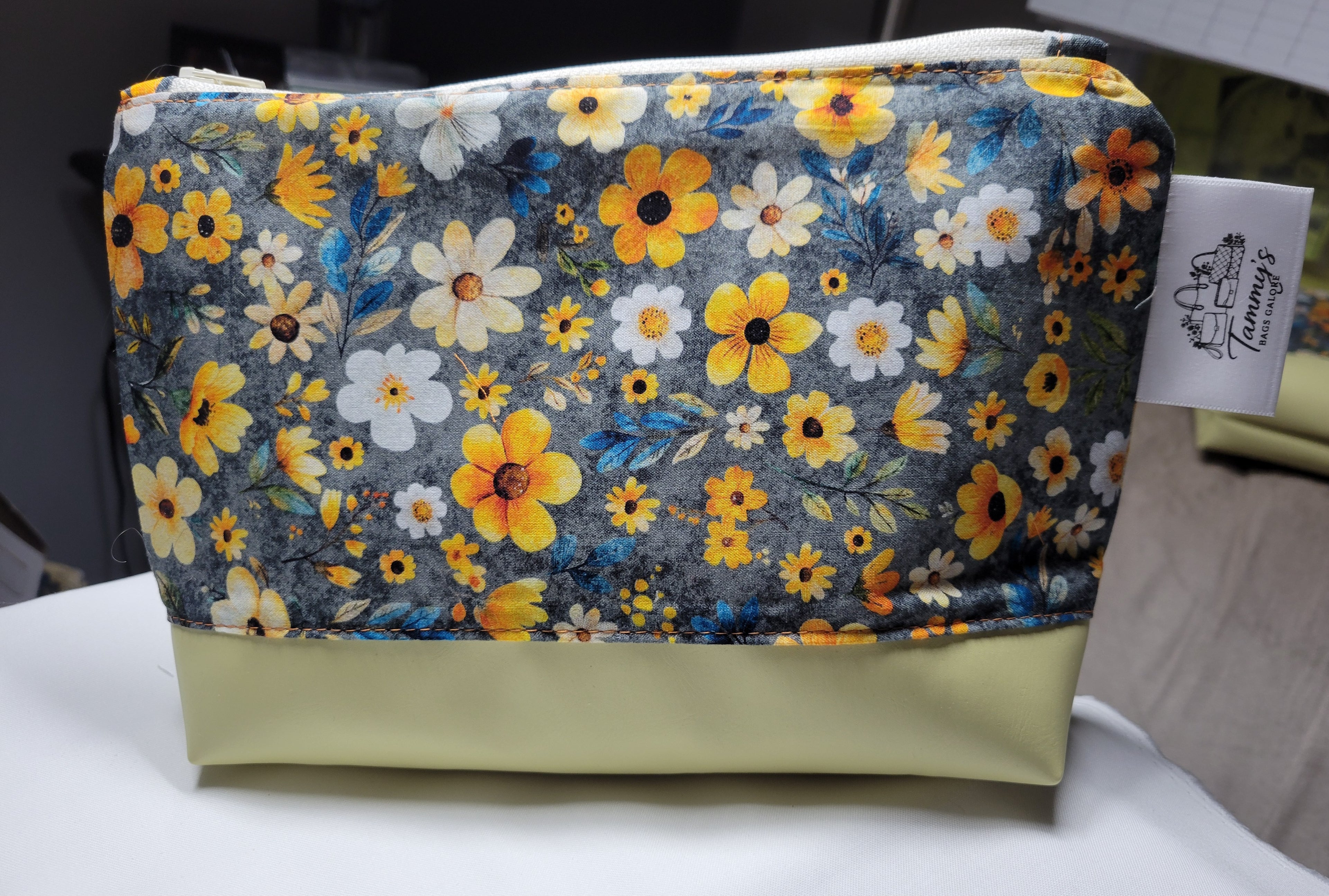 Yellow Flower Zipper Pouch – Handmade Cotton & Faux Leather