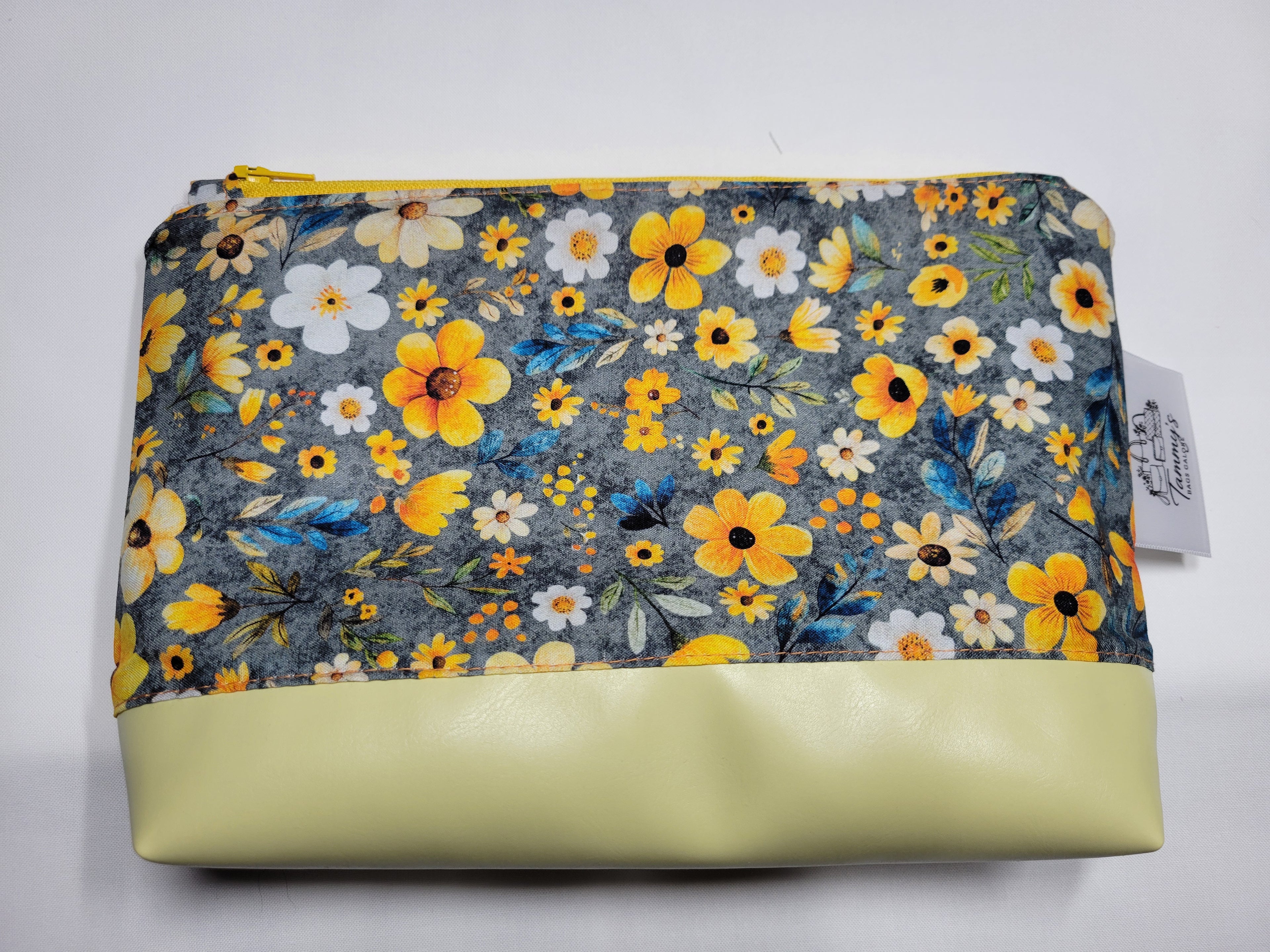 Yellow Flower Zipper Pouch – Handmade Cotton & Faux Leather