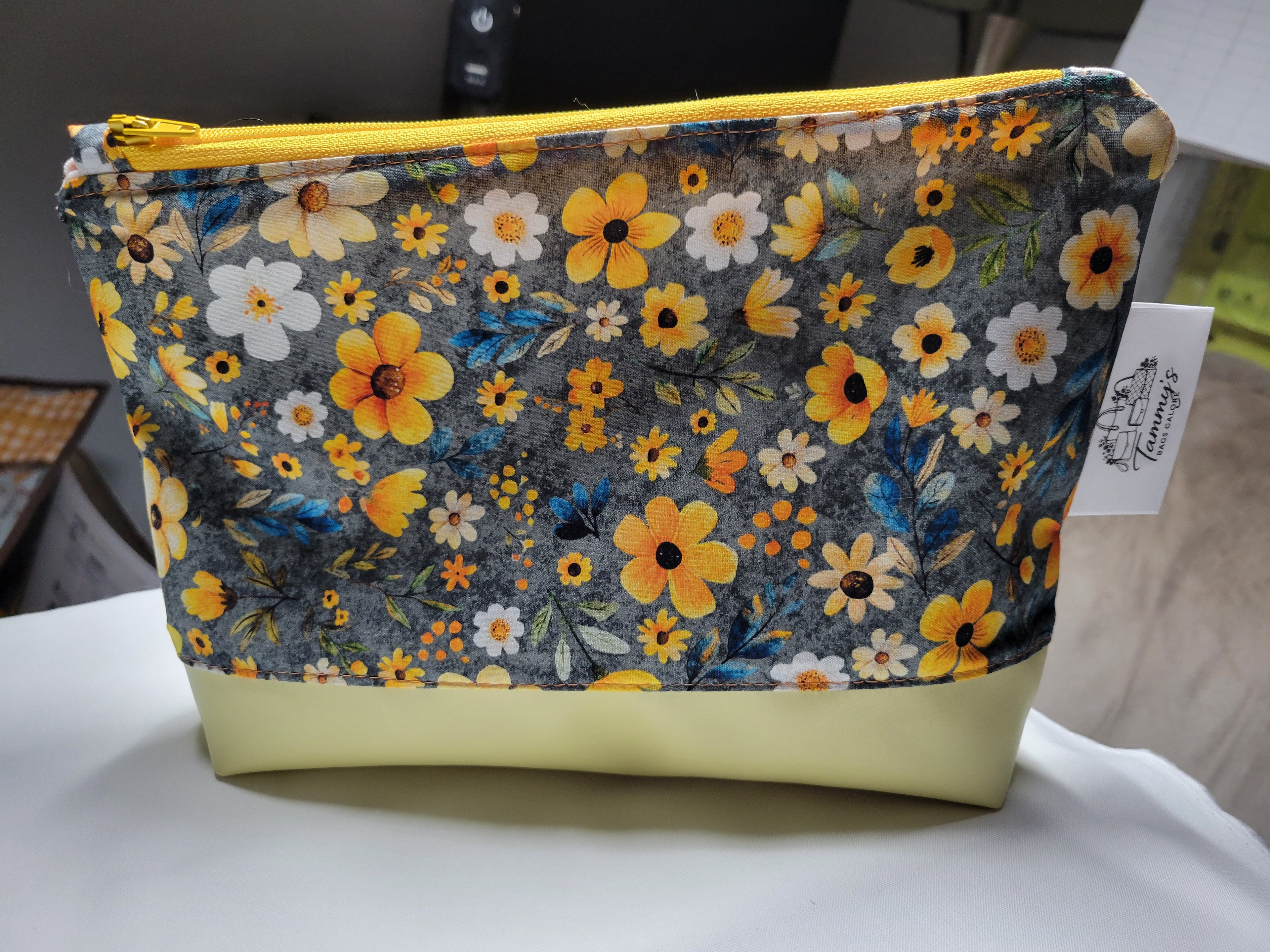 Yellow Flower Zipper Pouch – Handmade Cotton & Faux Leather
